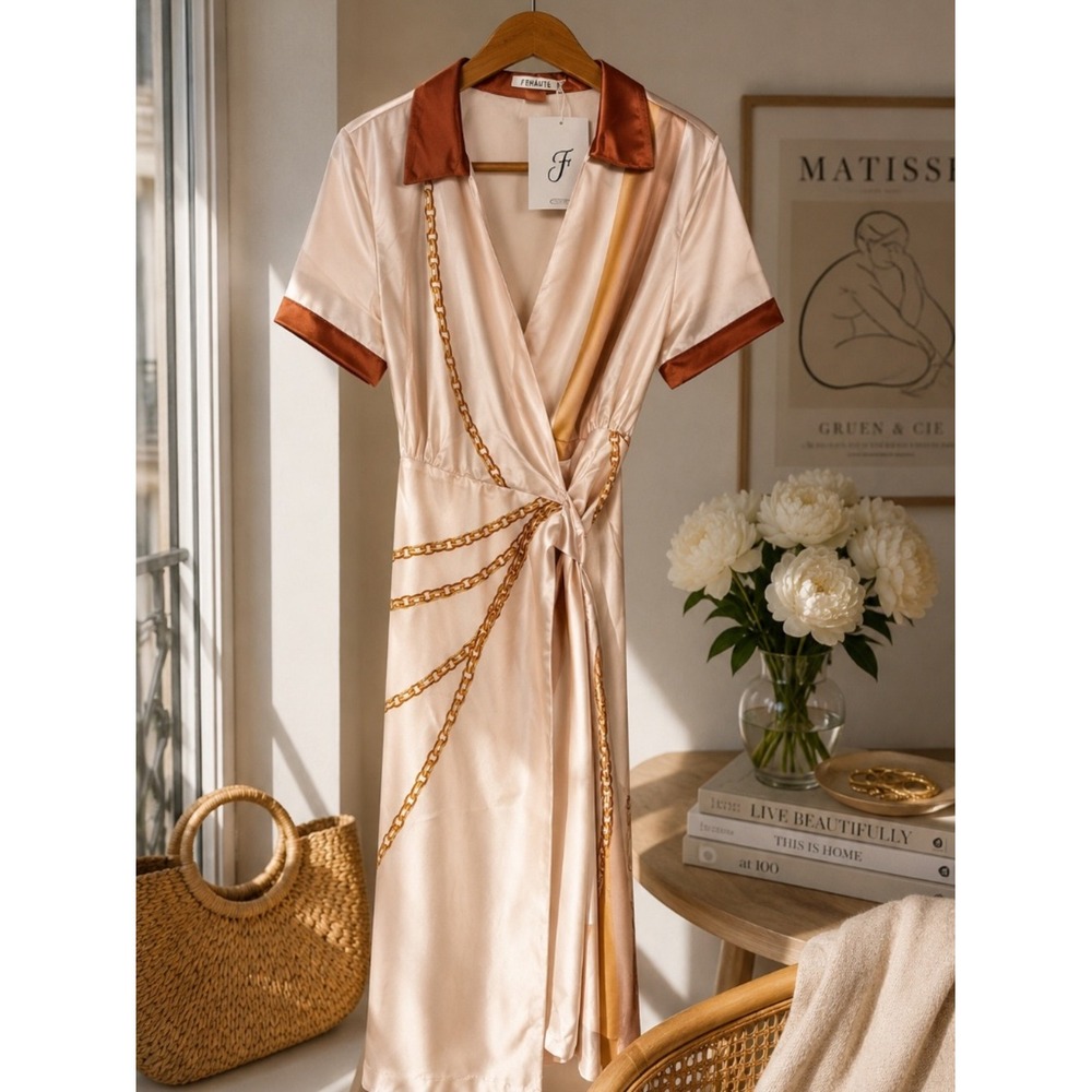 NWT Satin Chain Print Wrap Midi Dress | Resort Luxe Neutral Dress